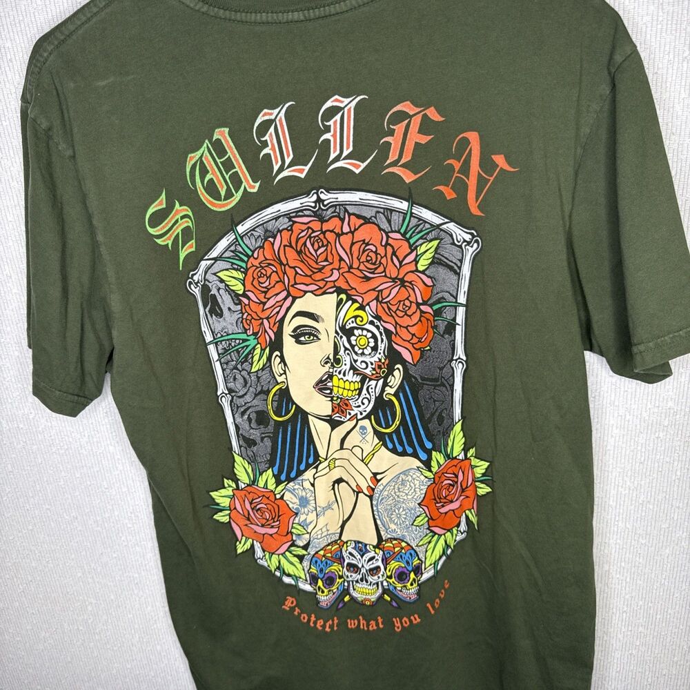 Sullen Art Collective T Shirt Mens Medium M Green Skull Roses Graphic Tattoo Tee - Picture 8 of 8